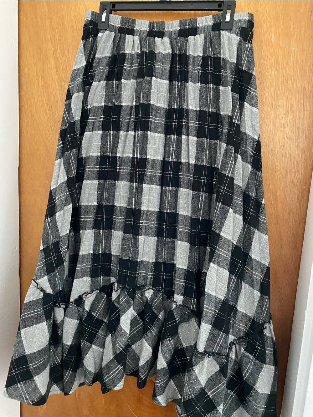 Parachute Black and Gray Plaid A-Line Ruffle-Hem Skirt